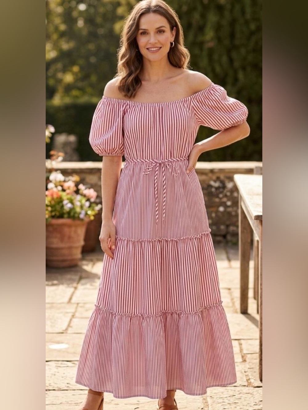 Draper James Red and White Striped Puff-Sleeve Maxi Dress Size XS